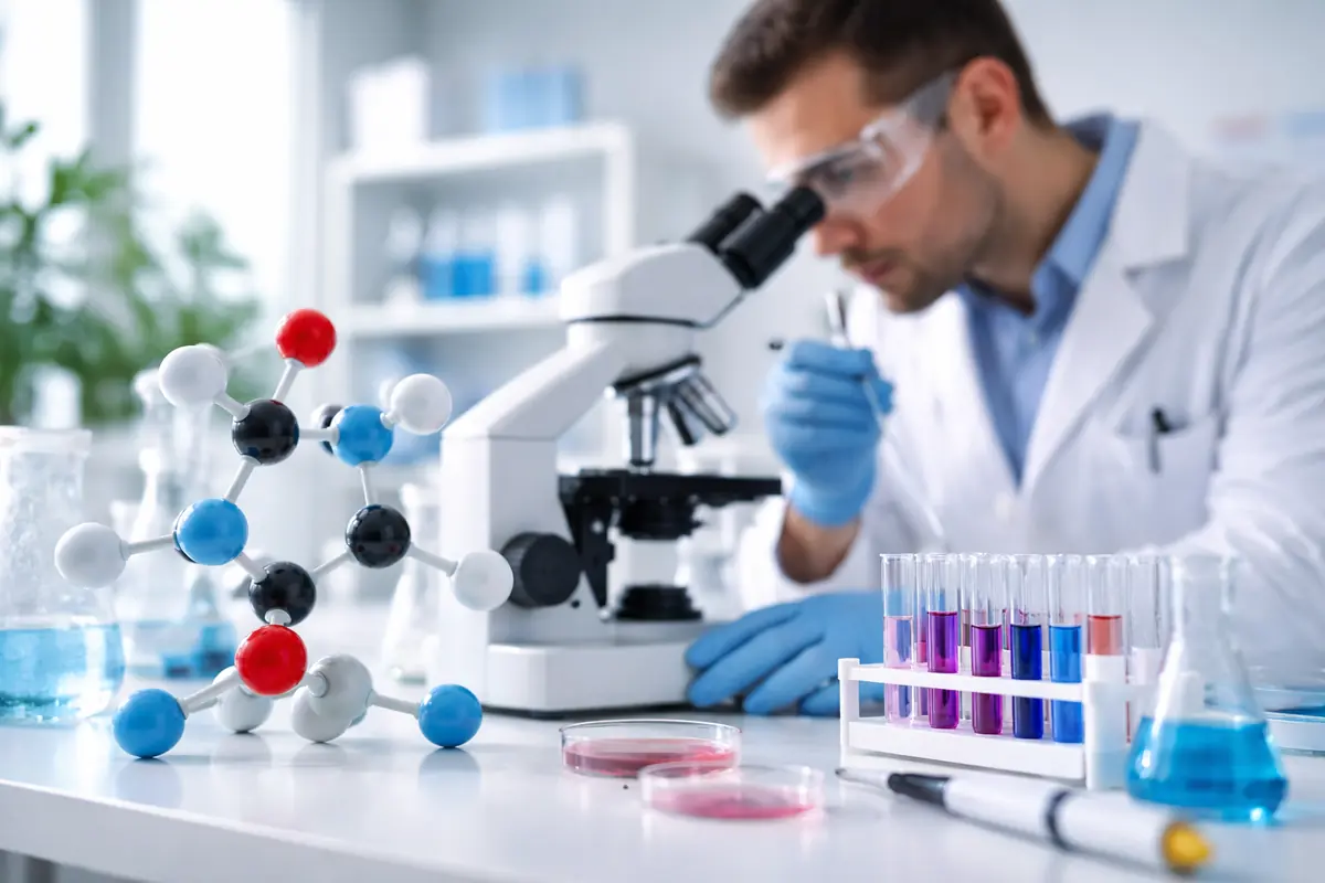 Scienziato e modello molecolare in laboratorio