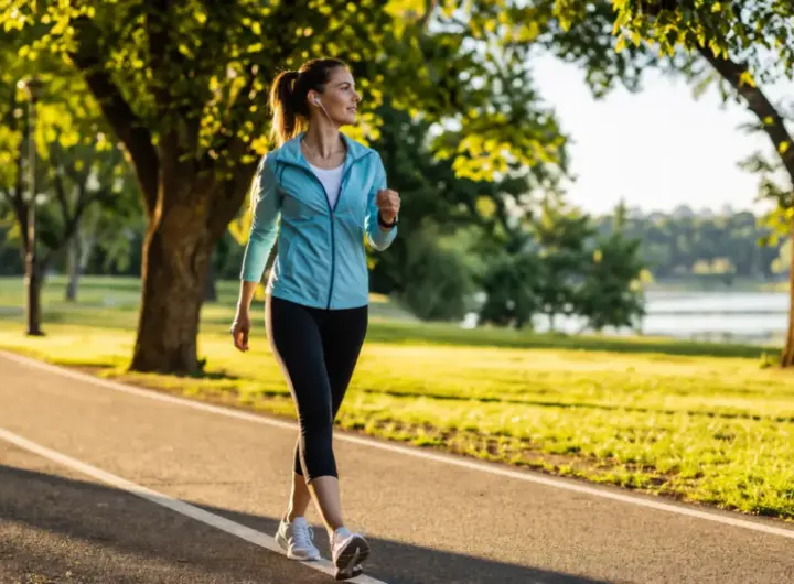 donna che cammina a passo veloce in un parco per dimagrire