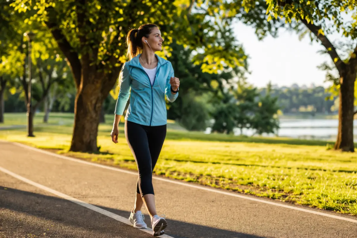 donna che cammina a passo veloce in un parco per dimagrire