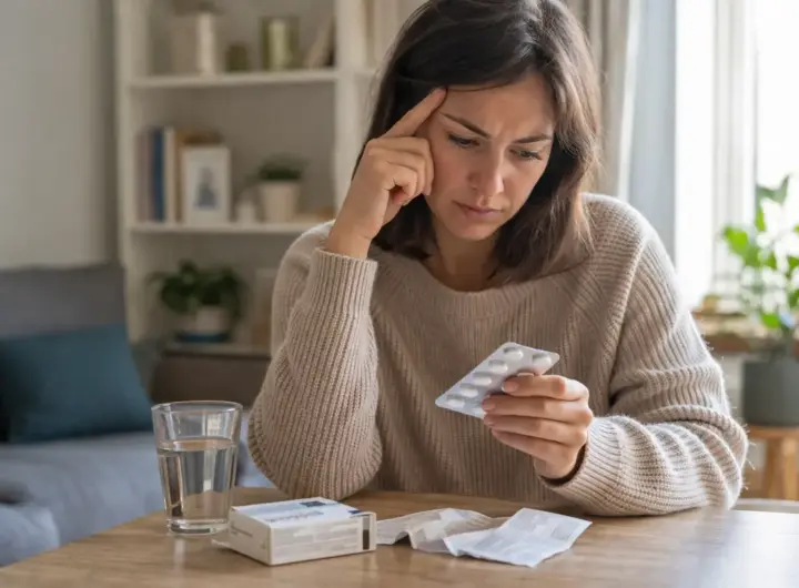 persona che osserva una confezione di antidolorifici con espressione dubbiosa