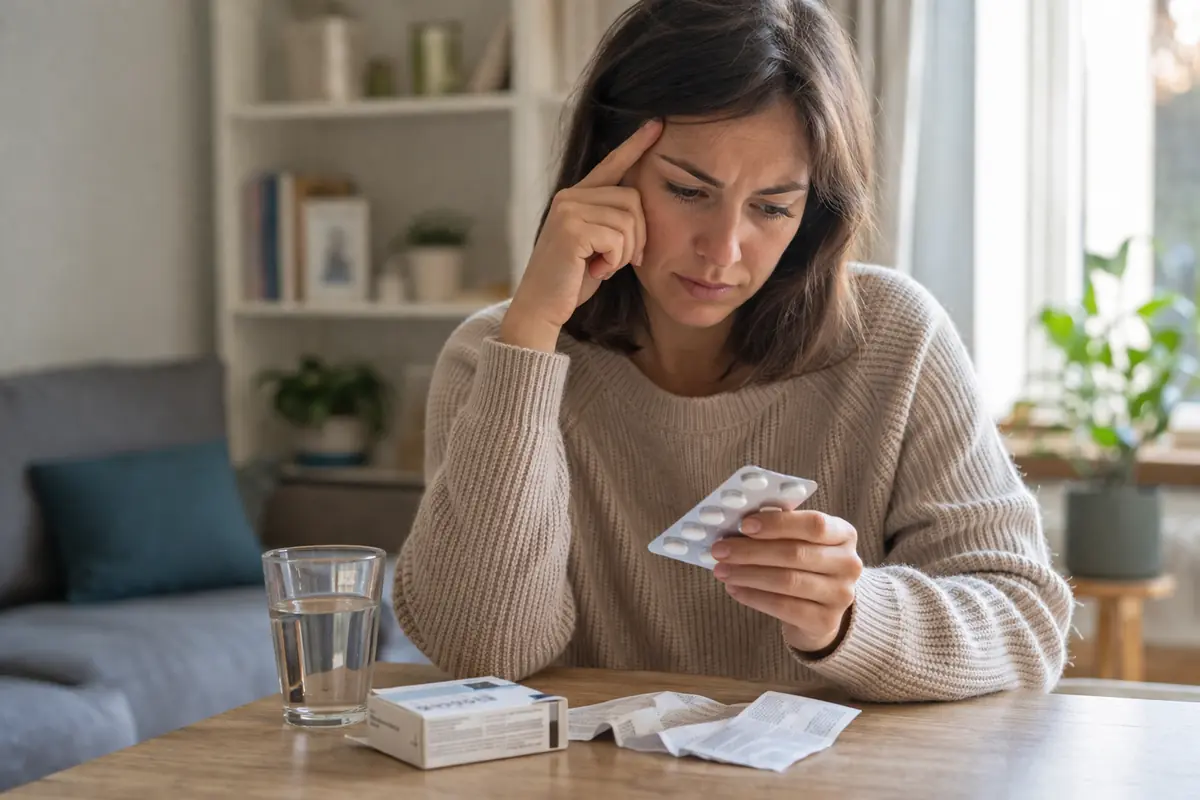 persona che osserva una confezione di antidolorifici con espressione dubbiosa
