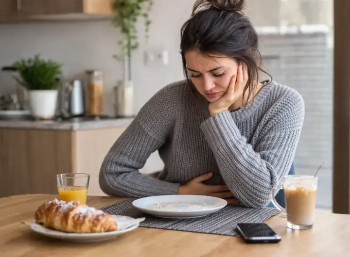 persona a colazione con cornetto e succo che prova ancora fame