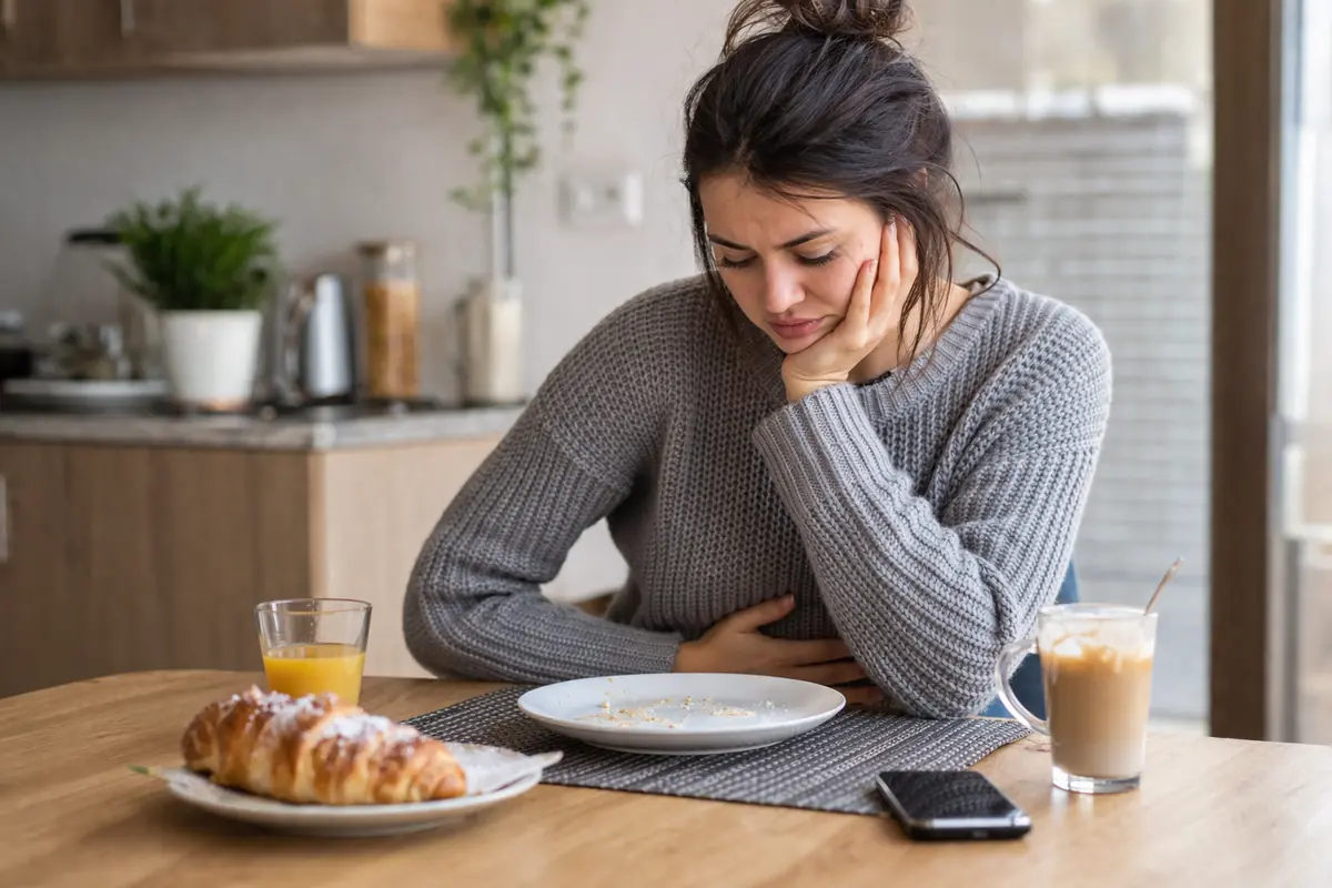persona a colazione con cornetto e succo che prova ancora fame