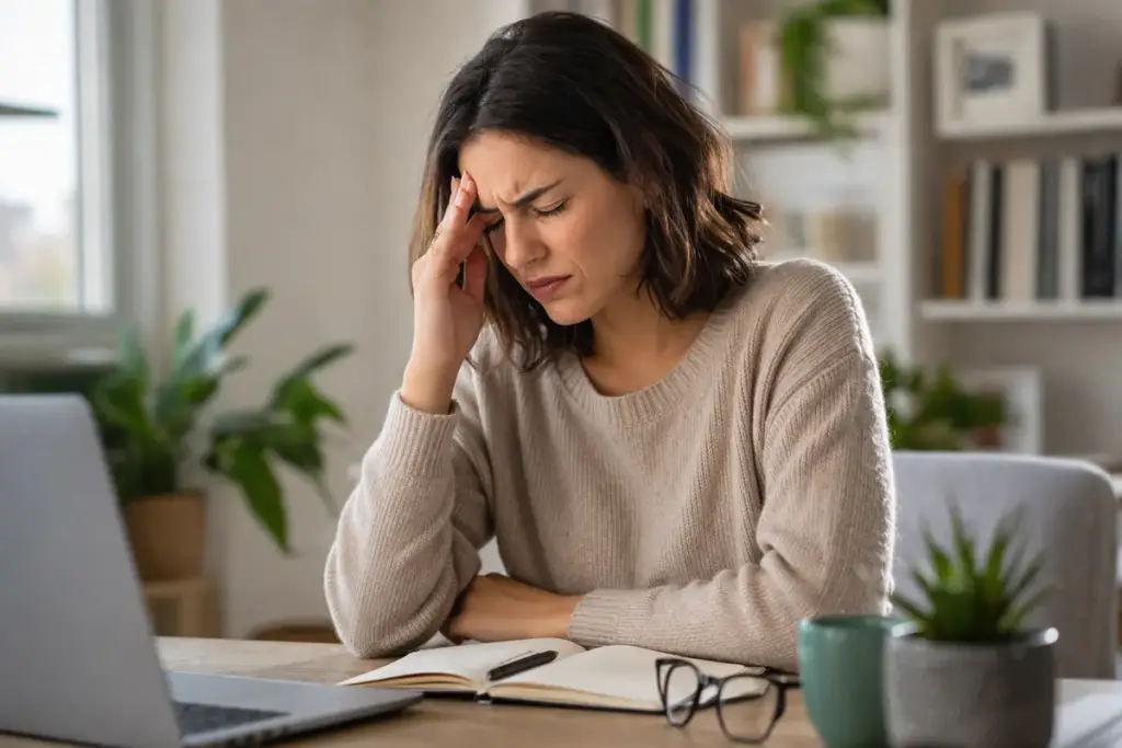 donna con mal di testa seduta alla scrivania con mano sulla fronte