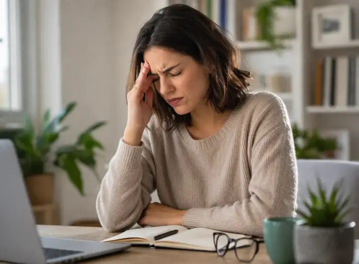 donna con mal di testa seduta alla scrivania con mano sulla fronte