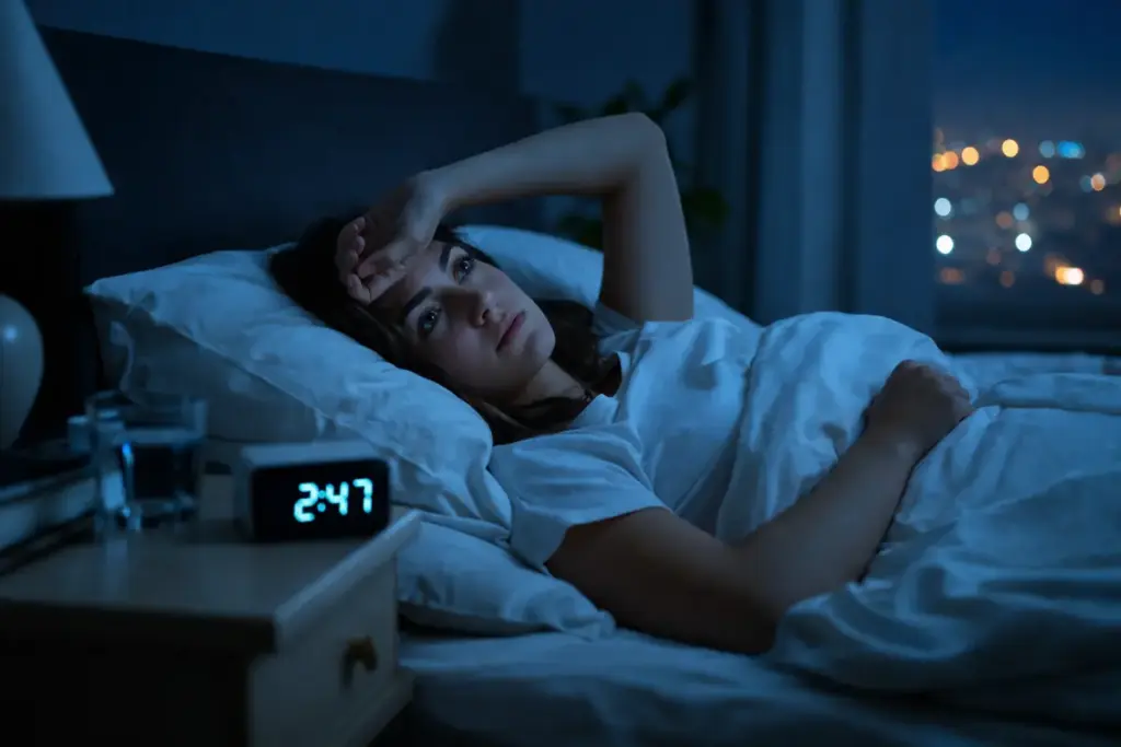 donna sveglia nel letto di notte con espressione stanca e insonnia