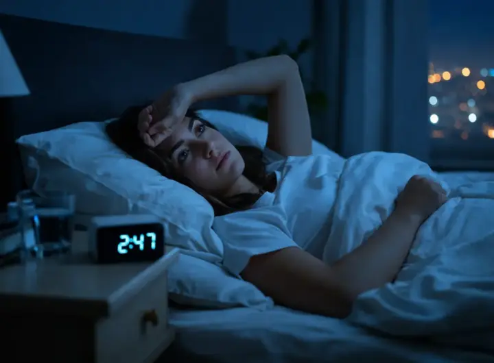 donna sveglia nel letto di notte con espressione stanca e insonnia