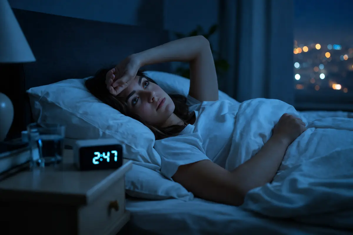 donna sveglia nel letto di notte con espressione stanca e insonnia