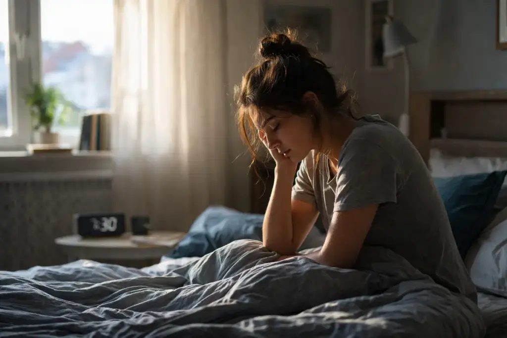 donna seduta sul letto al mattino con espressione stanca e pensierosa