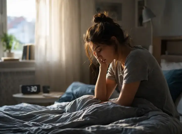 donna seduta sul letto al mattino con espressione stanca e pensierosa